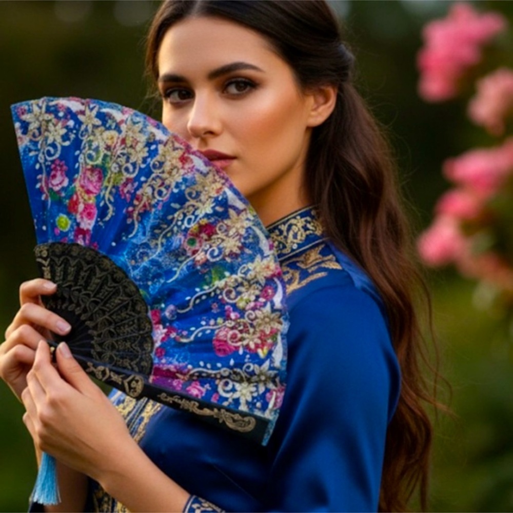 ✨ Blue Floral Hand Fan - Elegant Women's Accessory